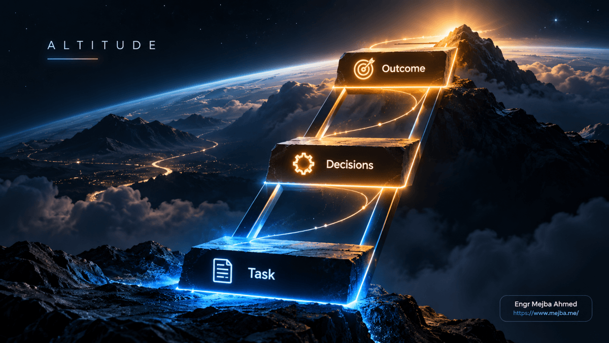Altitude framework for ambitious AI showing the progression from completing a task to making decisions and owning the final outcome.