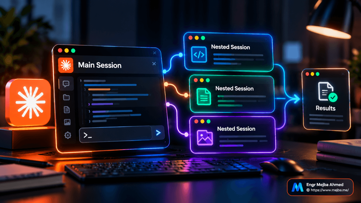 Claude Code Desktop nested sessions showing a main parent session branching into multiple parallel child sessions and returning results.