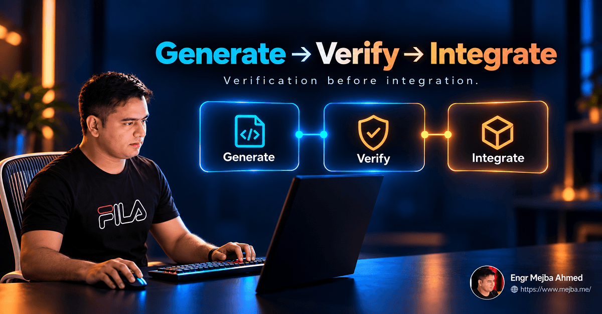 Claude Code agentic workflow showing generate verify integrate steps for safer software delivery and structured AI-assisted development.