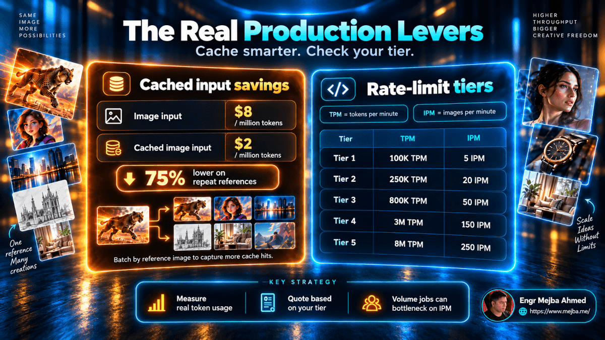 ChatGPT Images 2.5 cached input savings and API rate-limit tiers showing TPM, IPM, and production scaling.