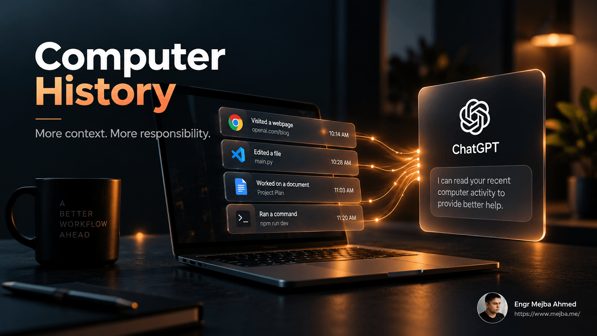 ChatGPT Computer History illustration showing recent computer activity flowing into AI context for smarter assistance and workflow memory.