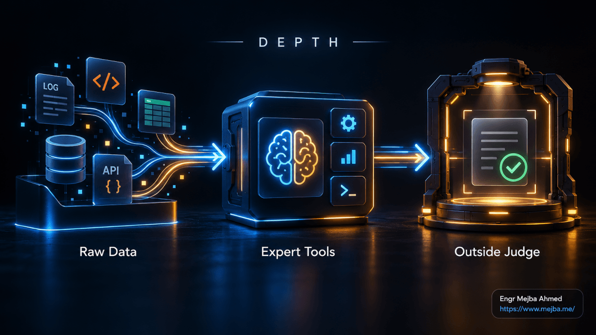 Depth framework for ambitious AI showing raw data flowing through expert tools to an independent outside judge for verified results.