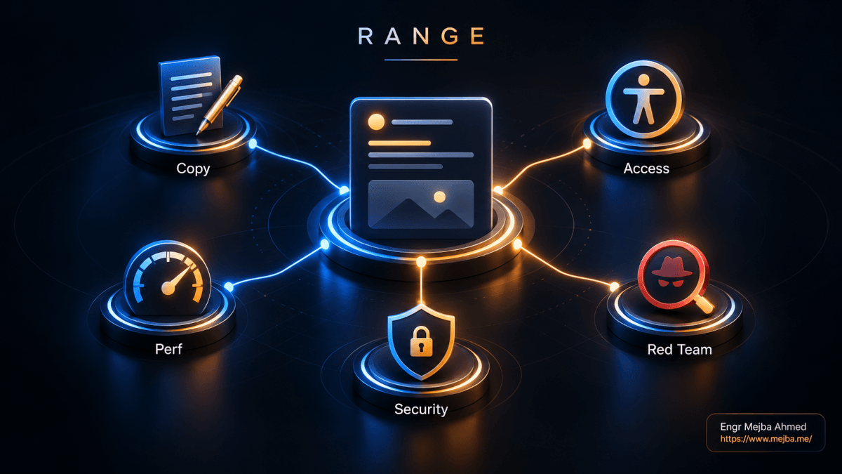 Range framework for ambitious AI combining copywriting, accessibility, performance, security, and red-team perspectives around one task.