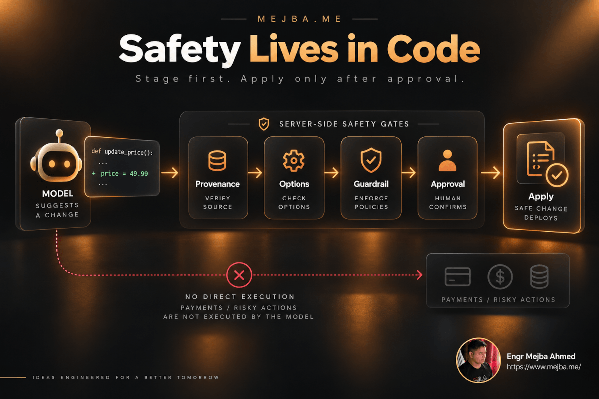 Commerce agent architecture safety workflow showing server-side provenance, guardrails, human approval, and controlled application of AI-generated changes.