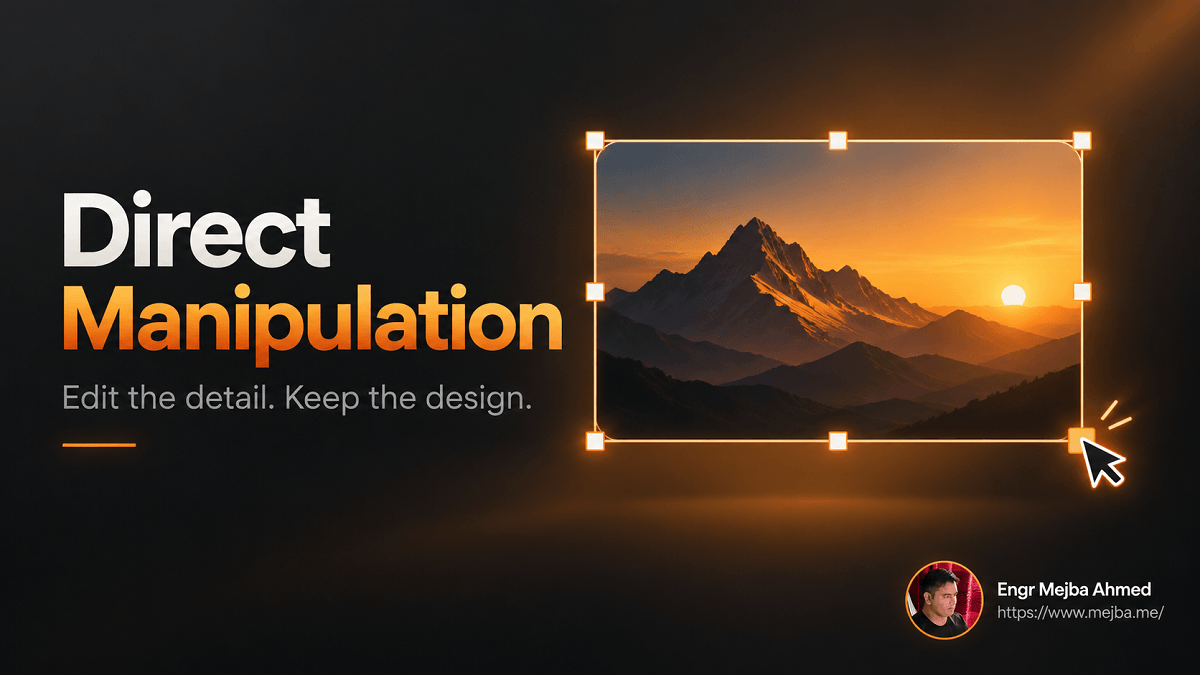 Claude Code direct manipulation design canvas showing a selected visual element with resize handles for precise UI editing.