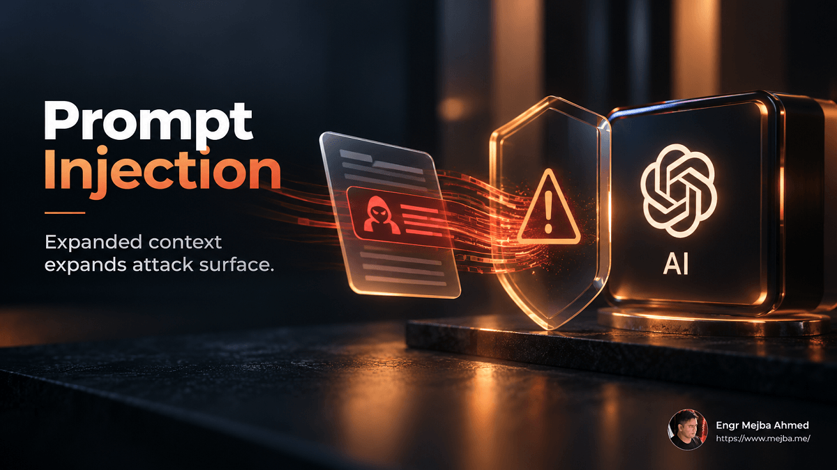 Prompt injection security illustration showing untrusted content, AI context expansion, and the growing attack surface of connected AI systems.