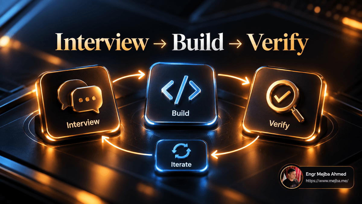 Claude Code workflow showing interview, build, iterate, and verify stages using medium, low, and high effort levels for efficient software development.