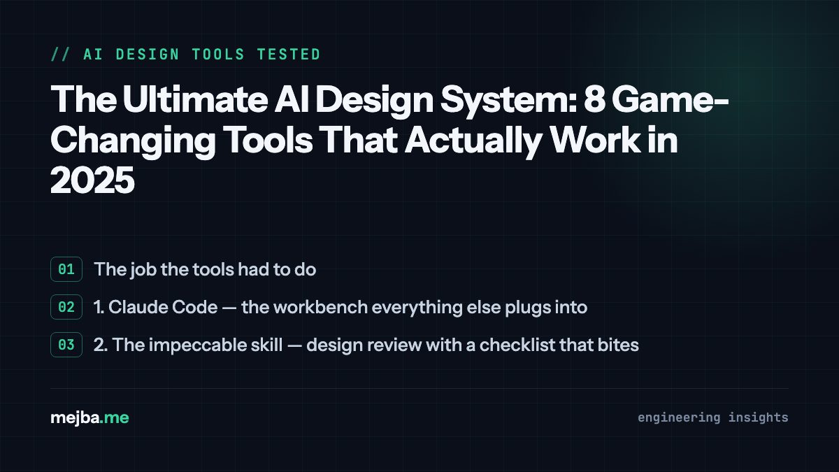 The Ultimate AI Design System: 8 Game-Changing Tools That Actually Work in 2025 - overview of the job the tools had to do, 1. claude code — the workbench everything else plugs into