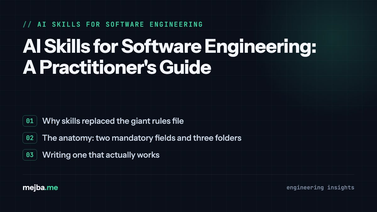 AI Skills for Software Engineering: A Practitioner's Guide - overview of why skills replaced the giant rules file, the anatomy: two mandatory fields and three folders