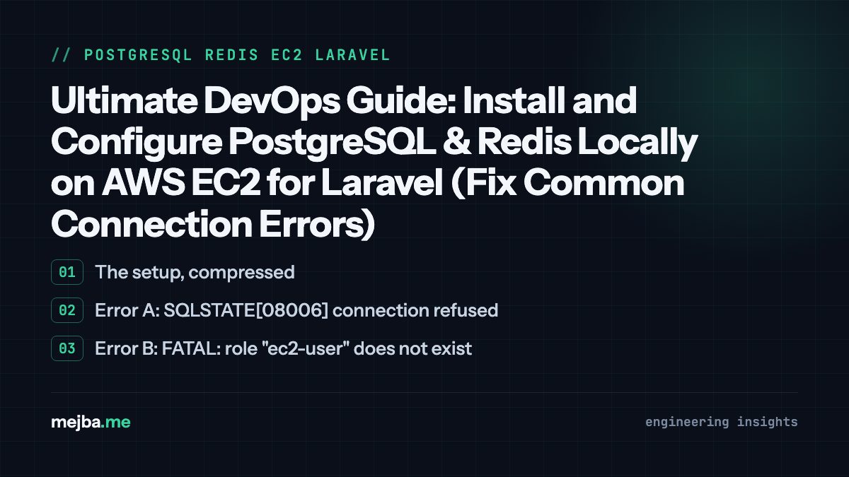 Ultimate DevOps Guide: Install and Configure PostgreSQL & Redis Locally on AWS EC2 for Laravel (Fix Common Connection Errors) - overview of the setup, compressed, error a: sqlstate(08006) connection refused