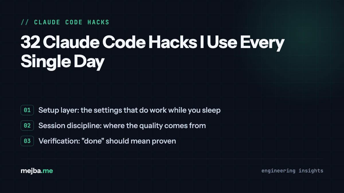 32 Claude Code Hacks I Use Every Single Day - overview of setup layer: the settings that do work while you sleep, session discipline: where the quality comes from