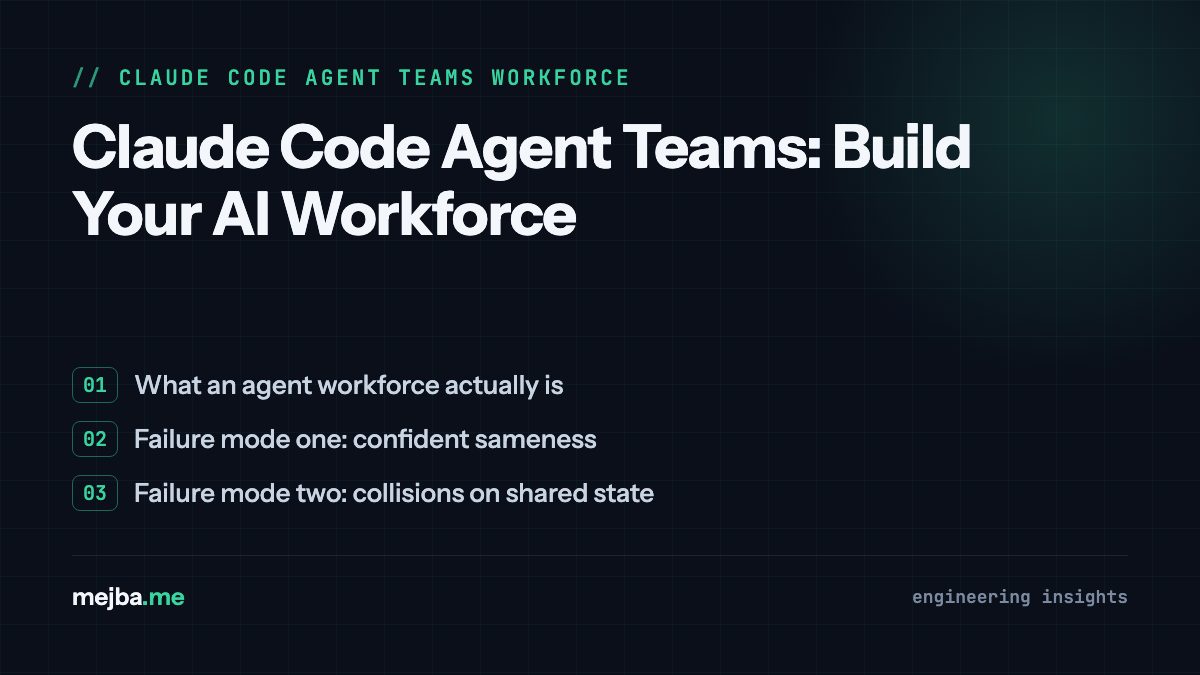 Claude Code Agent Teams: Build Your AI Workforce - overview of what an agent workforce actually is, failure mode one: confident sameness