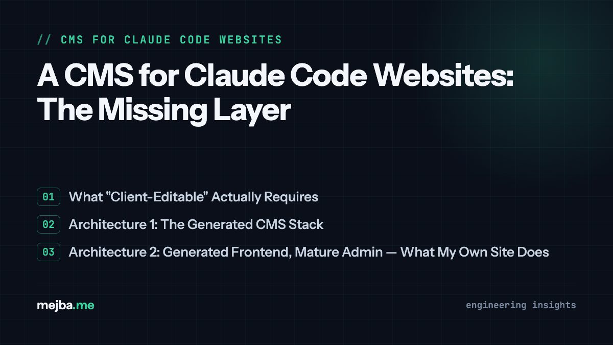 A CMS for Claude Code Websites: The Missing Layer - overview of what 'client-editable' actually requires, architecture 1: the generated cms stack