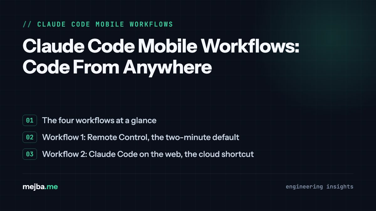 Claude Code Mobile Workflows: Code From Anywhere - overview of the four workflows at a glance, workflow 1: remote control, the two-minute default