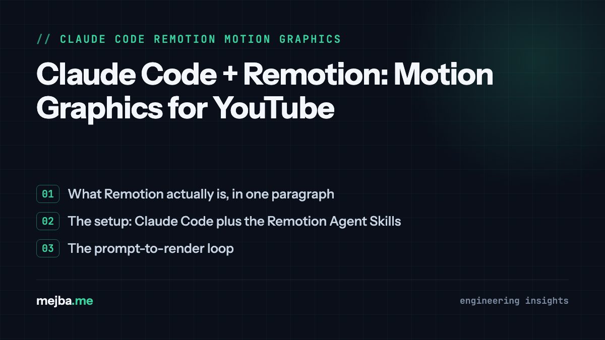Claude Code + Remotion: Motion Graphics for YouTube - overview of what remotion actually is, in one paragraph, the setup: claude code plus the remotion agent skills