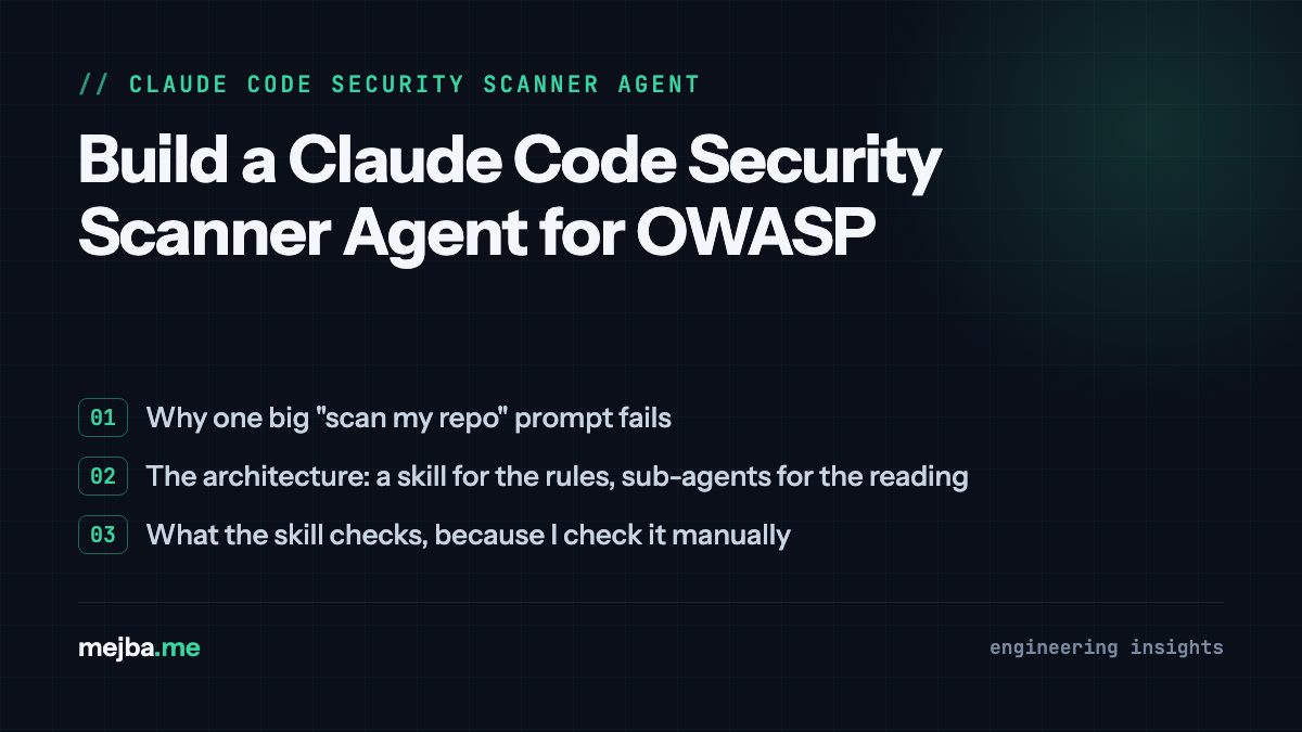 Build a Claude Code Security Scanner Agent for OWASP - overview of why one big 'scan my repo' prompt fails, the architecture: a skill for the rules, sub-agents for the reading