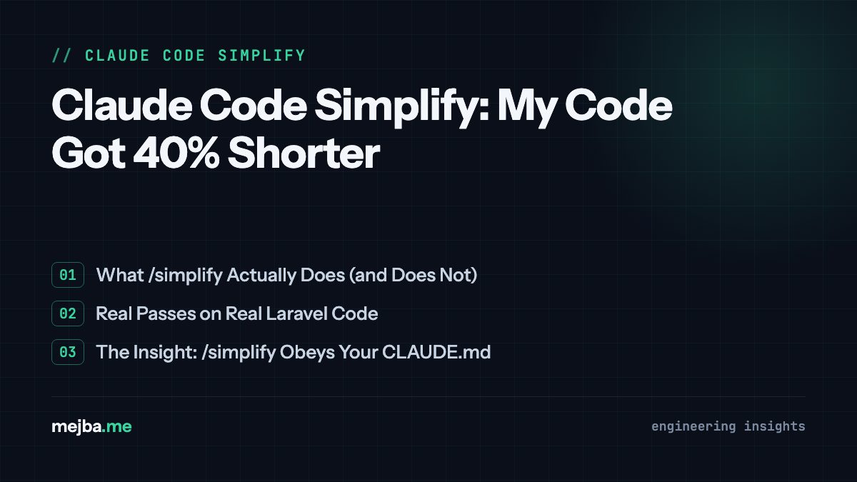 Claude Code Simplify: My Code Got 40% Shorter - overview of what /simplify actually does (and does not), real passes on real laravel code