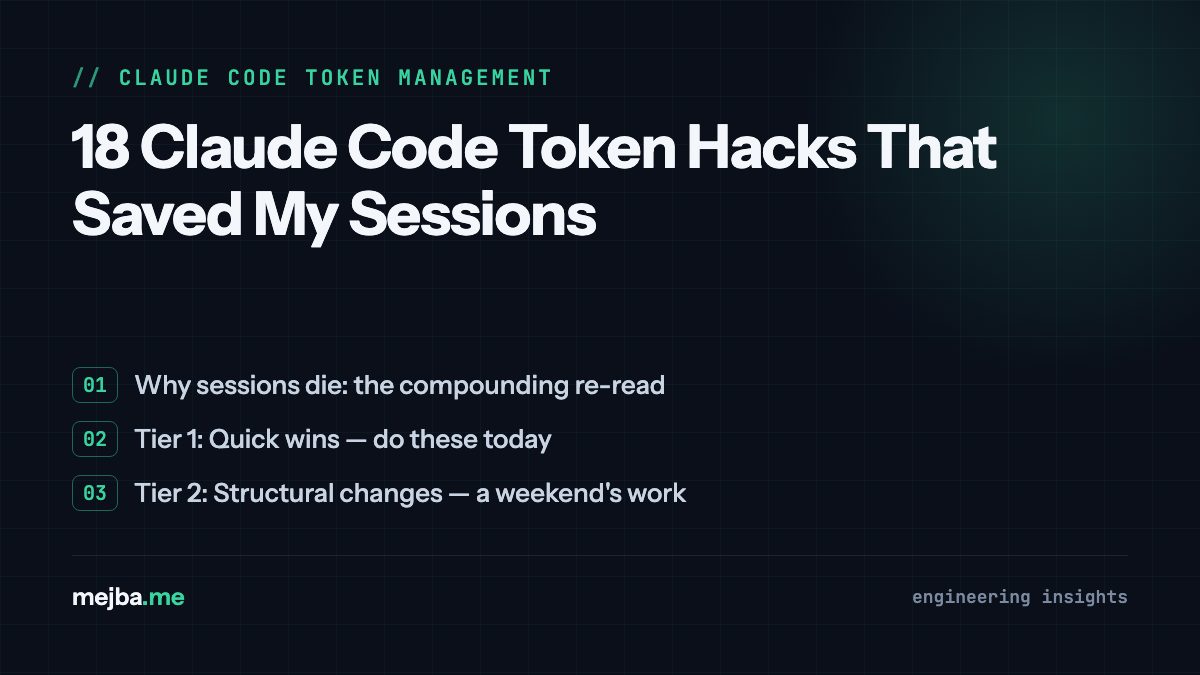 18 Claude Code Token Hacks That Saved My Sessions - overview of why sessions die: the compounding re-read, tier 1: quick wins — do these today