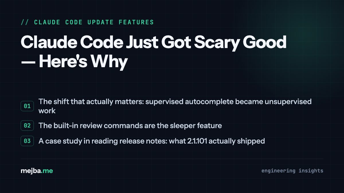 Claude Code Just Got Scary Good — Here's Why - overview of the shift that actually matters: supervised autocomplete became unsupervised work, the built-in review commands are the sleeper feature