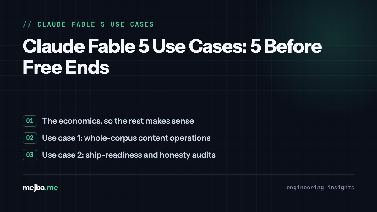 Claude Fable 5 Use Cases: 5 Before Free Ends - overview of the economics, so the rest makes sense, use case 1: whole-corpus content operations
