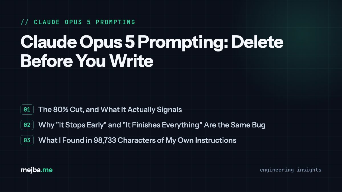 Claude Opus 5 Prompting: Delete Before You Write - overview of the 80% cut, and what it actually signals, why 'it stops early' and 'it finishes everything' are the same bug
