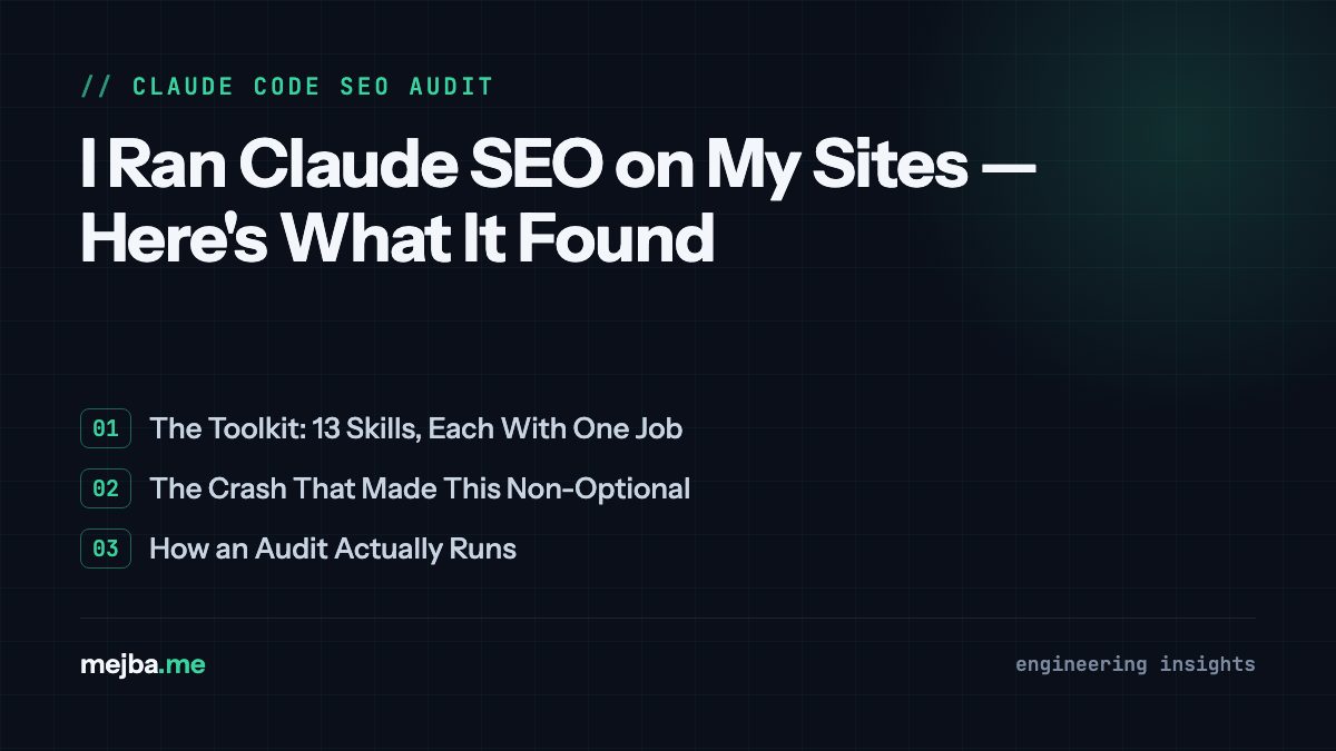 I Ran Claude SEO on My Sites — Here's What It Found - overview of the toolkit: 13 skills, each with one job, the crash that made this non-optional