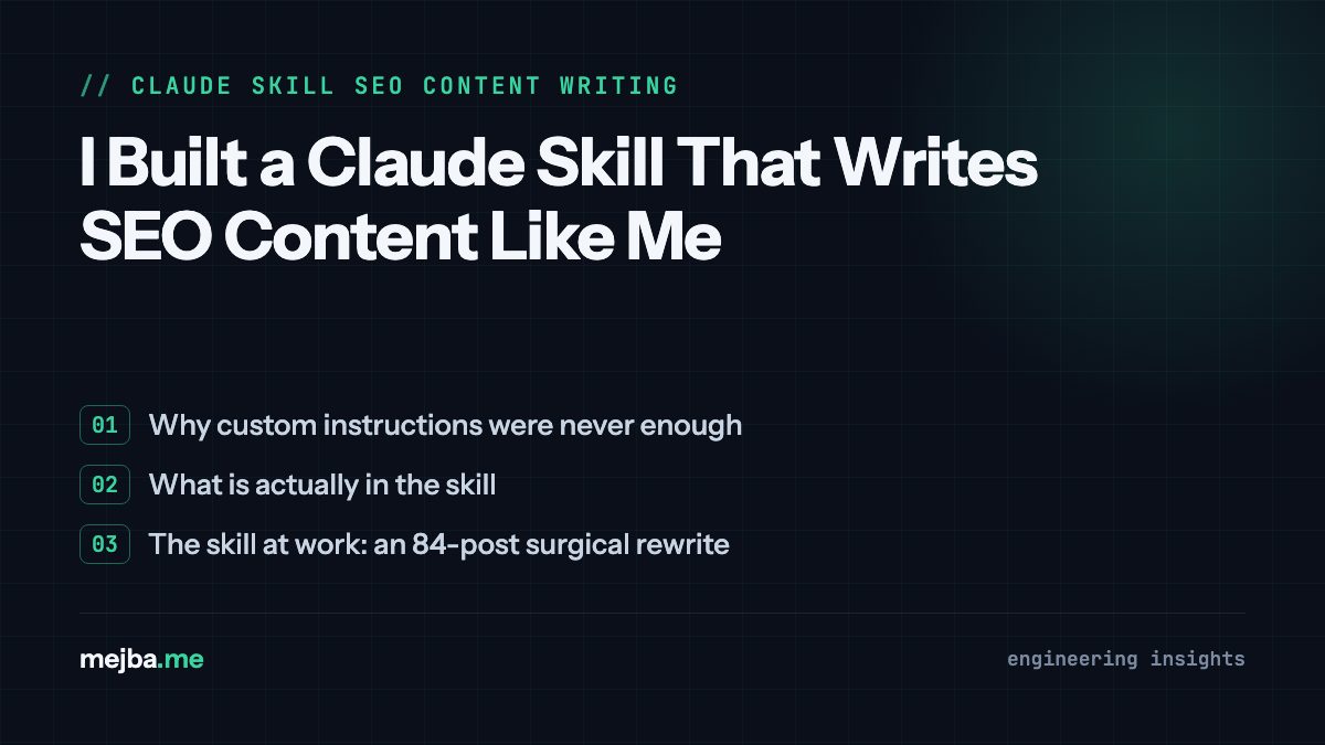 I Built a Claude Skill That Writes SEO Content Like Me - overview of why custom instructions were never enough, what is actually in the skill