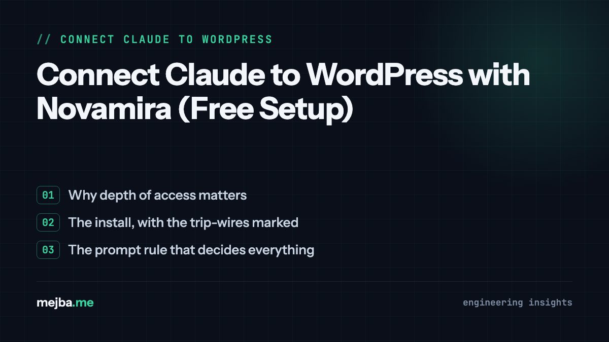 Connect Claude to WordPress with Novamira (Free Setup) - overview of why depth of access matters, the install, with the trip-wires marked