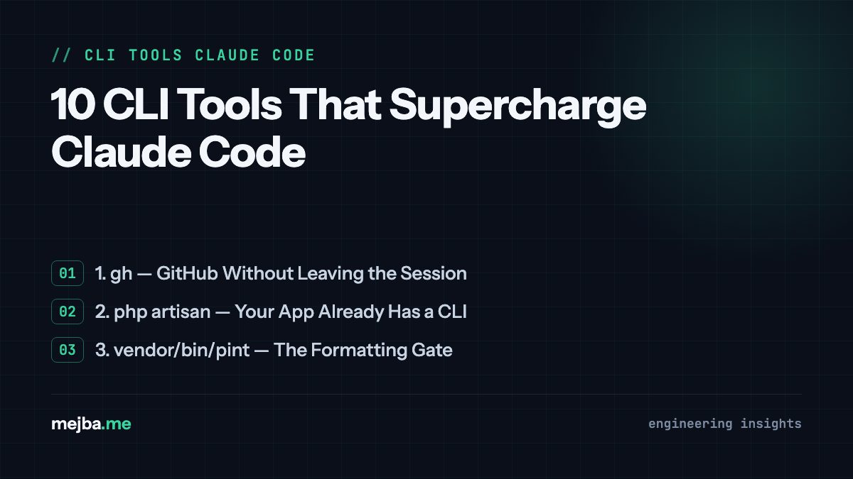 10 CLI Tools That Supercharge Claude Code - overview of 1. gh — github without leaving the session, 2. php artisan — your app already has a cli