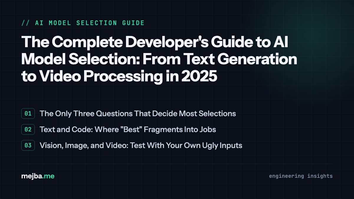 The Complete Developer's Guide to AI Model Selection: From Text Generation to Video Processing in 2025 - overview of the only three questions that decide most selections, text and code: where 'best' fragments into jobs