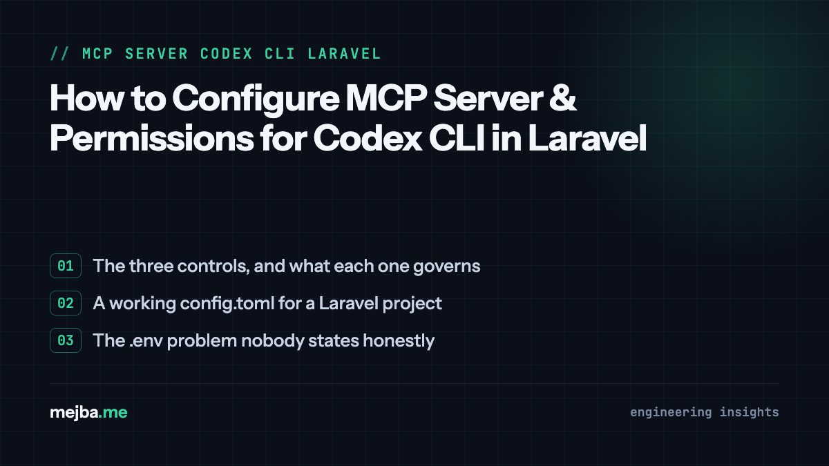 How to Configure MCP Server & Permissions for Codex CLI in Laravel - overview of the three controls, and what each one governs, a working config.toml for a laravel project