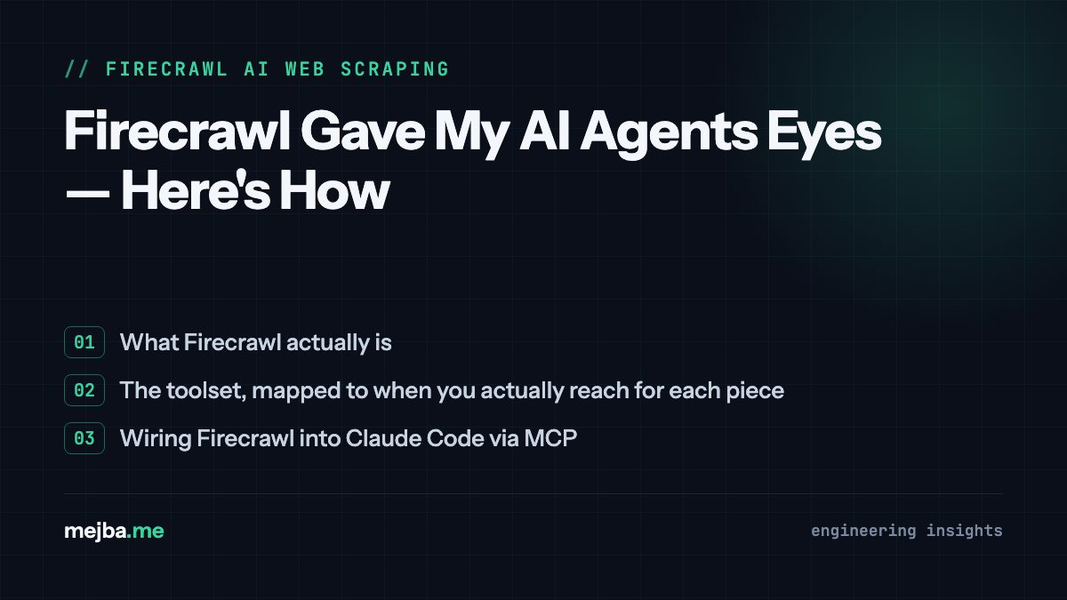 Firecrawl Gave My AI Agents Eyes — Here's How - overview of what firecrawl actually is, the toolset, mapped to when you actually reach for each piece
