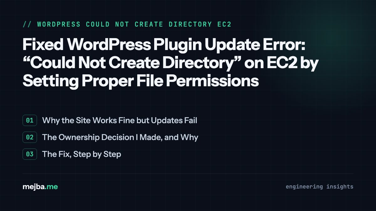Fixed WordPress Plugin Update Error: “Could Not Create Directory” on EC2 by Setting Proper File Permissions - overview of why the site works fine but updates fail, the ownership decision i made, and why