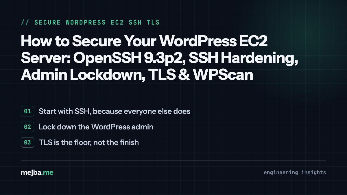How to Secure Your WordPress EC2 Server: OpenSSH 9.3p2, SSH Hardening, Admin Lockdown, TLS & WPScan - overview of start with ssh, because everyone else does, lock down the wordpress admin