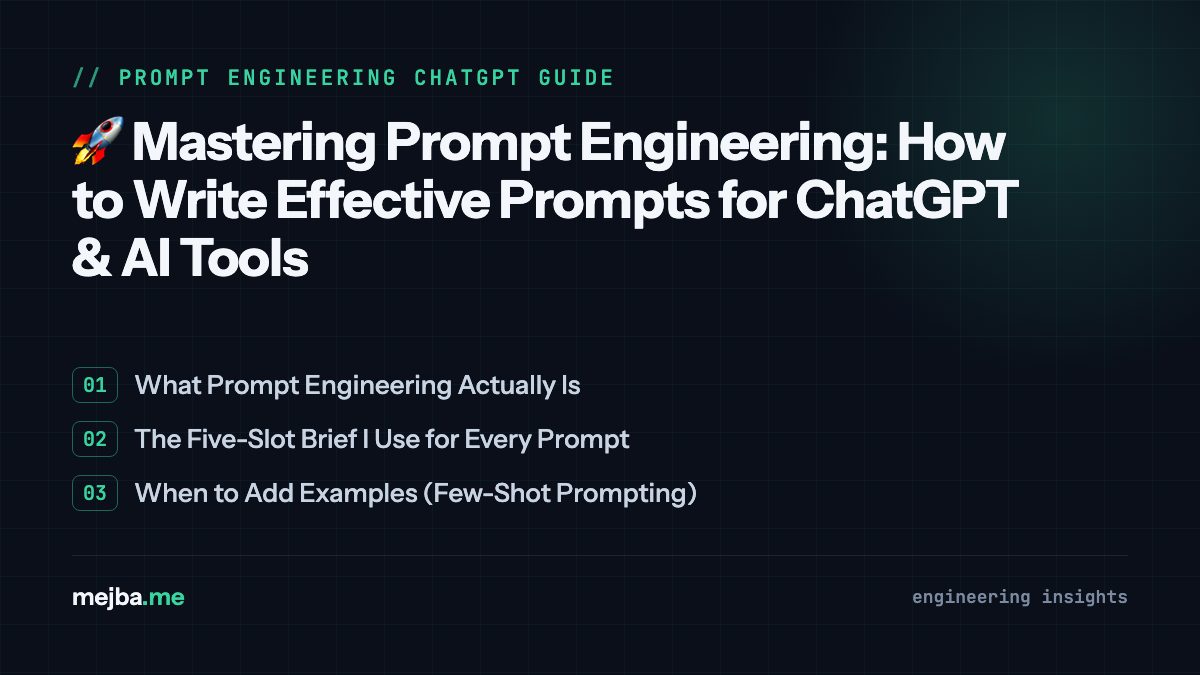 Prompt Engineering: Writing Effective Prompts for ChatGPT & AI Tools - overview of what prompt engineering actually is and the five-slot brief I use for every prompt