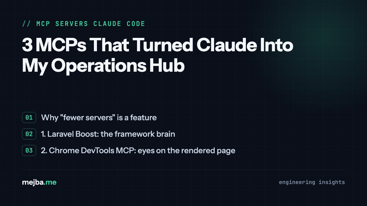 3 MCPs That Turned Claude Into My Operations Hub - overview of why 'fewer servers' is a feature, 1. laravel boost: the framework brain
