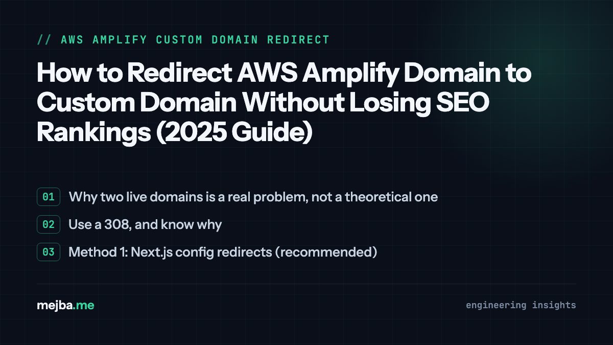 How to Redirect AWS Amplify Domain to Custom Domain Without Losing SEO Rankings (2025 Guide) - overview of why two live domains is a real problem, not a theoretical one, use a 308, and know why
