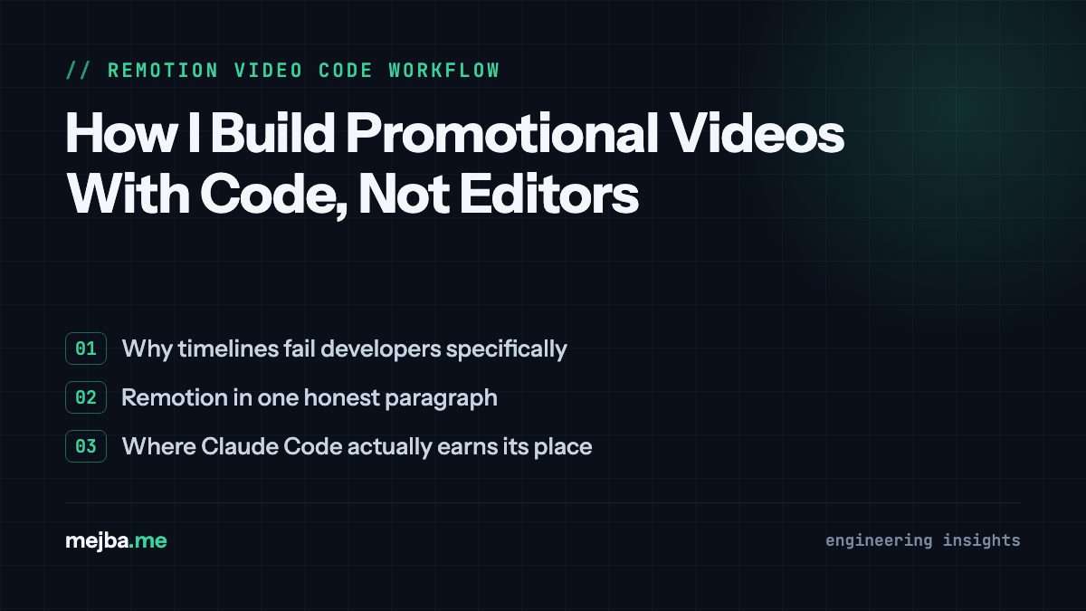 How I Build Promotional Videos With Code, Not Editors - overview of why timelines fail developers specifically, remotion in one honest paragraph