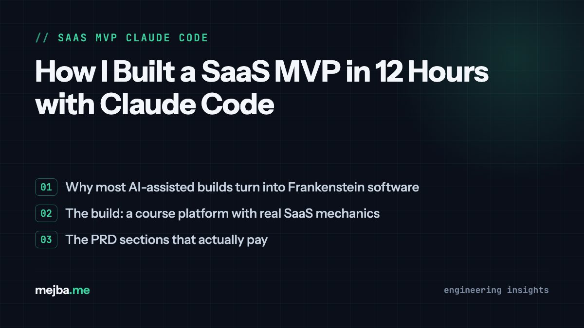 How I Built a SaaS MVP in 12 Hours with Claude Code - overview of why most ai-assisted builds turn into frankenstein software, the build: a course platform with real saas mechanics