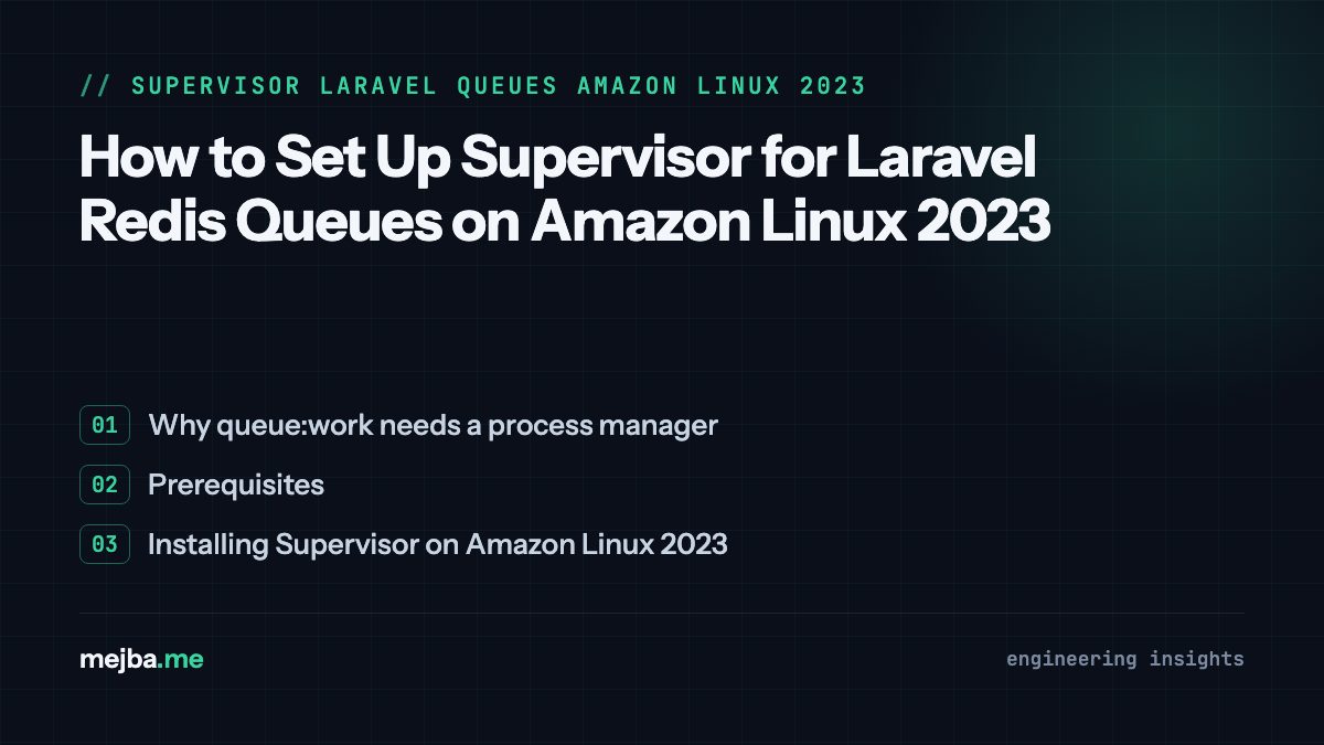 How to Set Up Supervisor for Laravel Redis Queues on Amazon Linux 2023 - overview of why queue:work needs a process manager, prerequisites