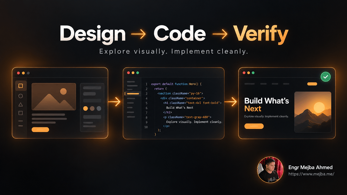 Claude Code design to code workflow showing visual design, production implementation, and verification before deployment.