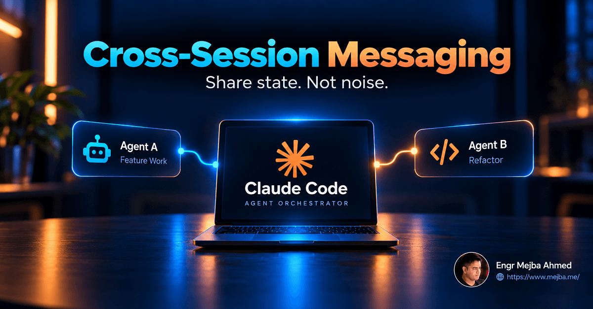 Claude Code cross-session messaging diagram showing how agents share state changes and coordinate work without noise.