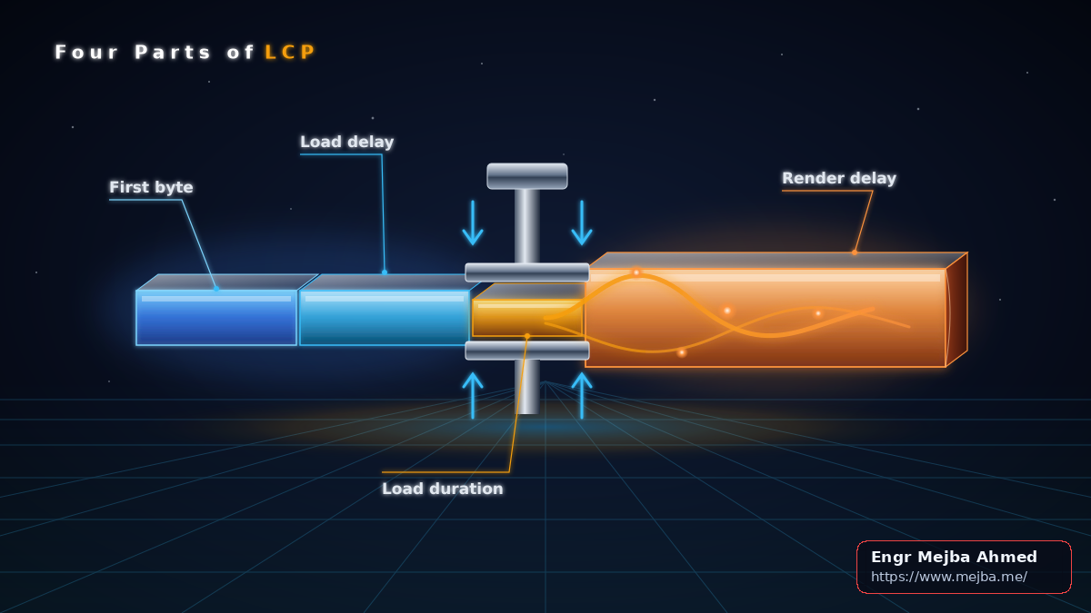 A horizontal timeline bar split into four colored segments for the LCP subparts, showing that shrinking one segment can push time into another, so all four must be recorded.