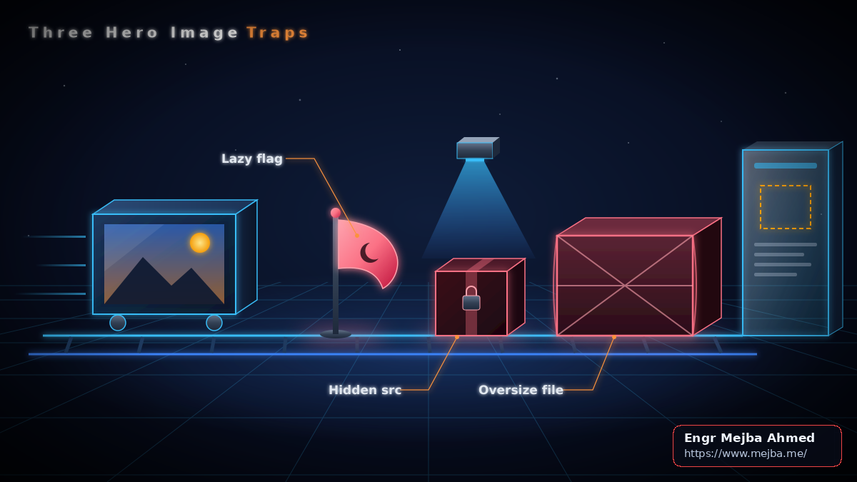 A hero image blocked by three obstacles: a lazy-loading flag, a source hidden in a data attribute the scanner cannot see, and an oversized file, each delaying LCP.