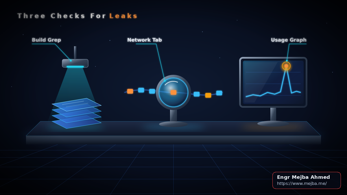 Three inspection stations scan a build folder, browser network traffic and a provider usage chart, illustrating the three complementary checks for a leaked API key.