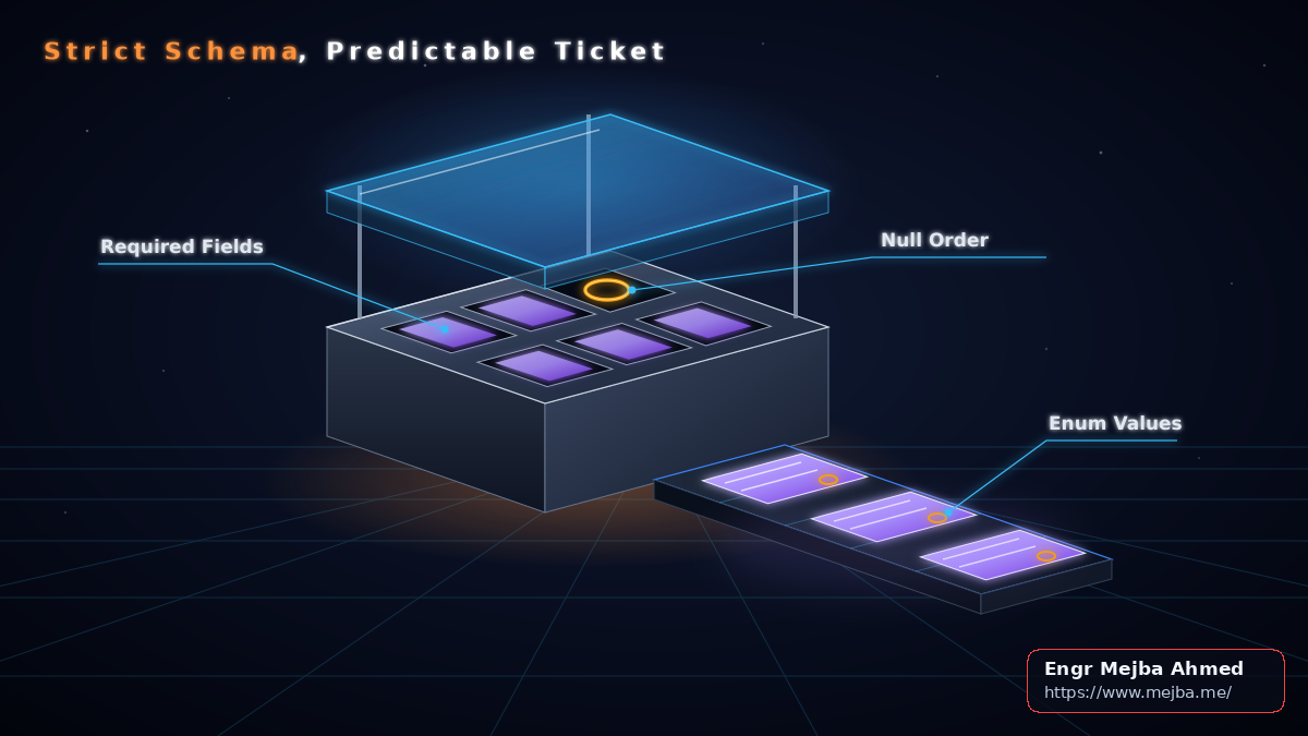A ticket mold with six labeled slots stamps identical handoff cards, one slot accepting an empty null token, showing how strict mode and a nullable order ID keep payloads consistent.