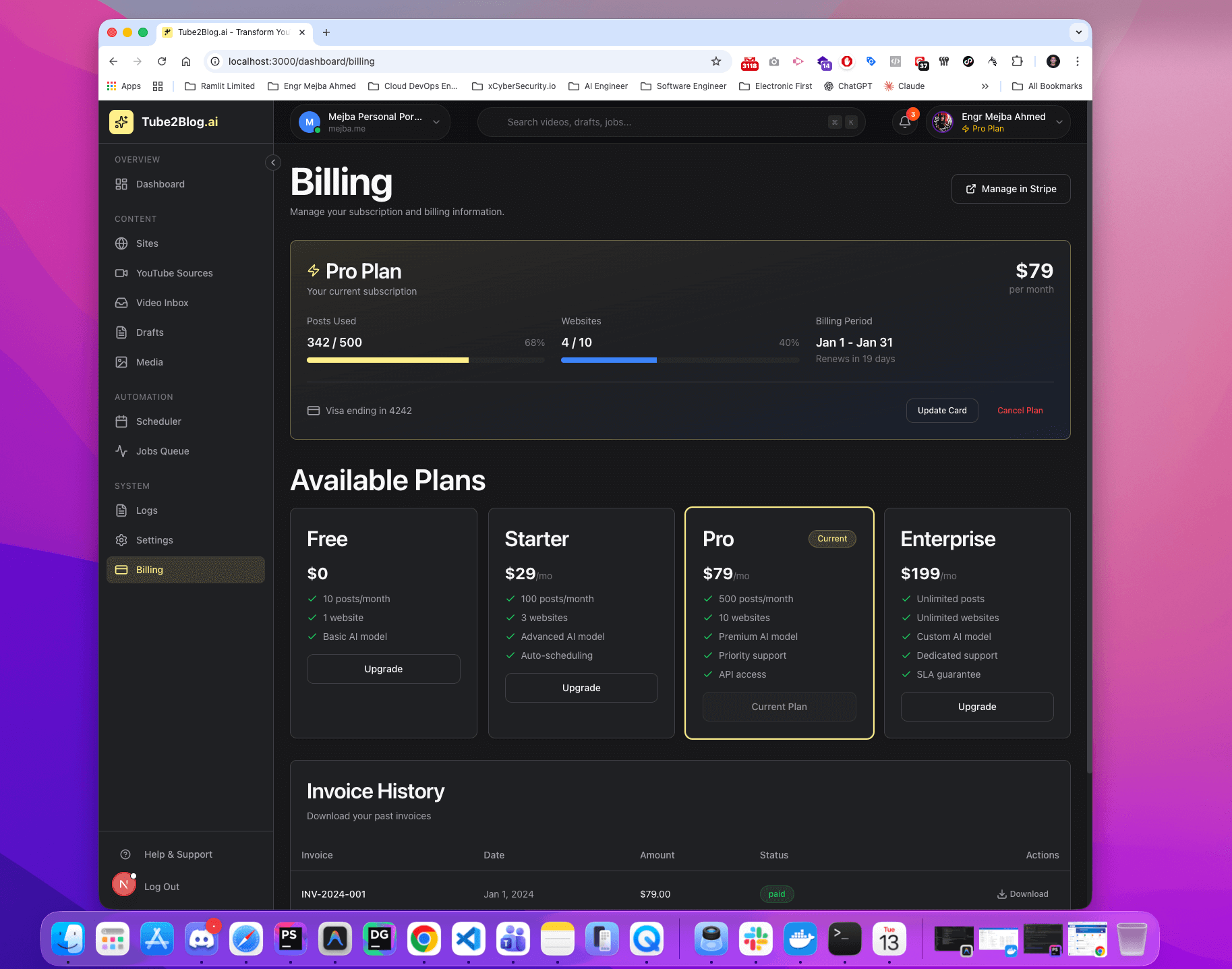 Tube2Blog.ai Dashboard - Full Admin Panel Tour (Next.js + Tailwind CSS) - Screenshot 4