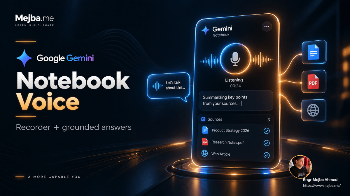 Gemini Notebook voice and audio recorder interface showing grounded AI answers from documents, PDFs, and web sources.