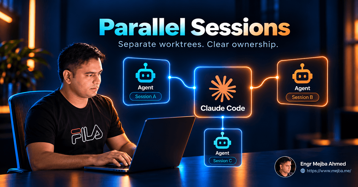 Claude Code parallel sessions workflow showing separate worktrees, clear ownership, and multi-agent coordination.