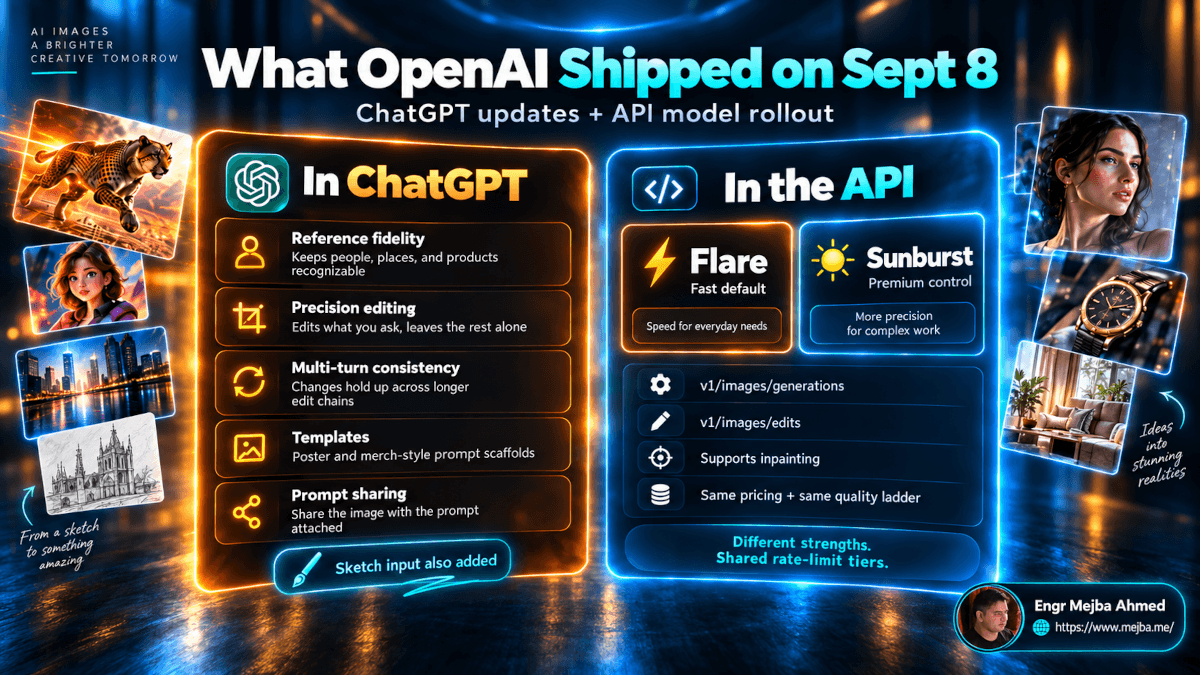 ChatGPT Images 2.5 update showing ChatGPT features, Flare and Sunburst API models, inpainting, and shared pricing.